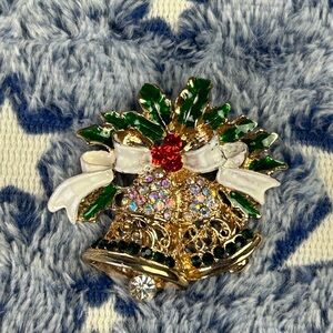 Festive Gold and Green Christmas Bells Brooch